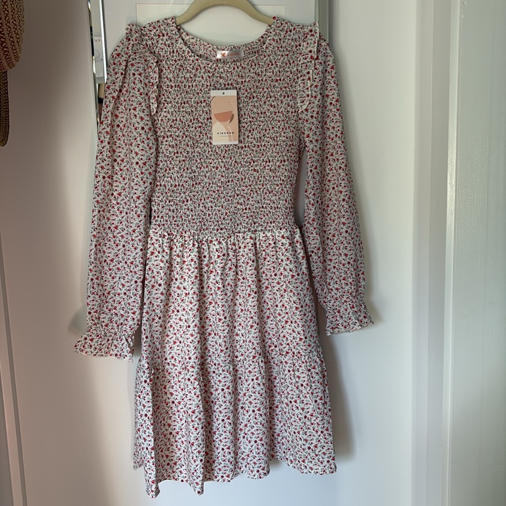 NWT KIRUNDO Womens Dress Casual Long Sleeve Floral Dress Crewneck Smocked small